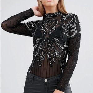 ASOS Beaded Embellished Black Bodysuit US 2